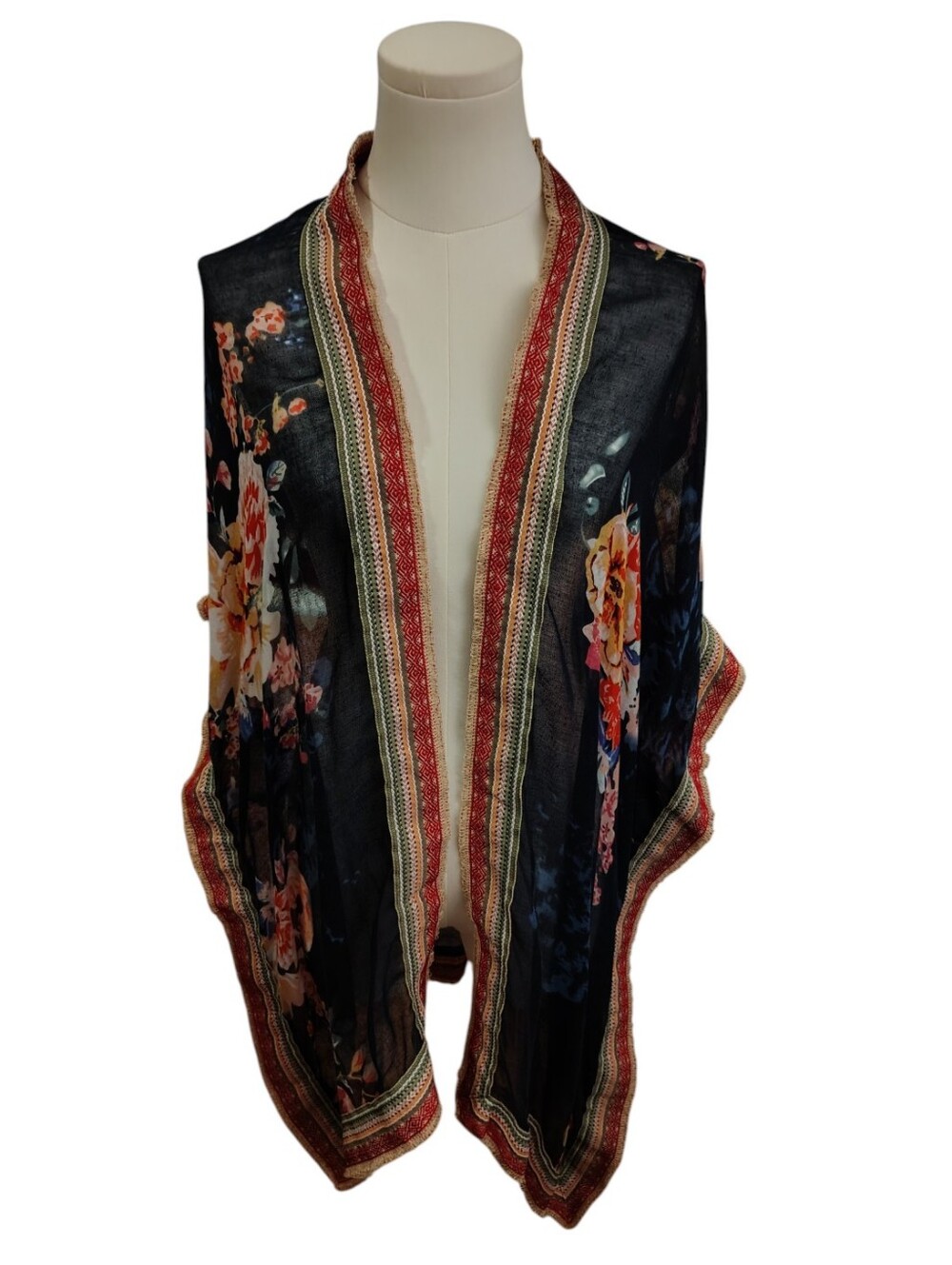 Lane Bryant Bohemian Embroidered Navy Blue Red Floral Sheer Poncho One Size